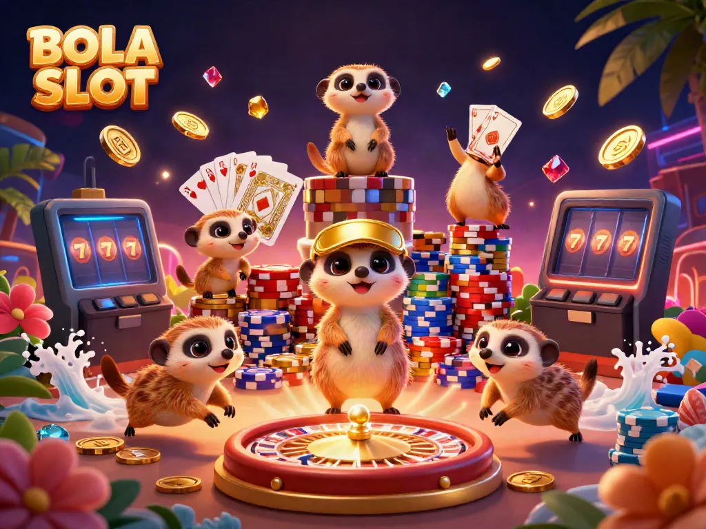Experience the vibrant world of BOLA SLOT with meerkats managing a lively casino atmosphere, showcasing thrilling games and excitement.