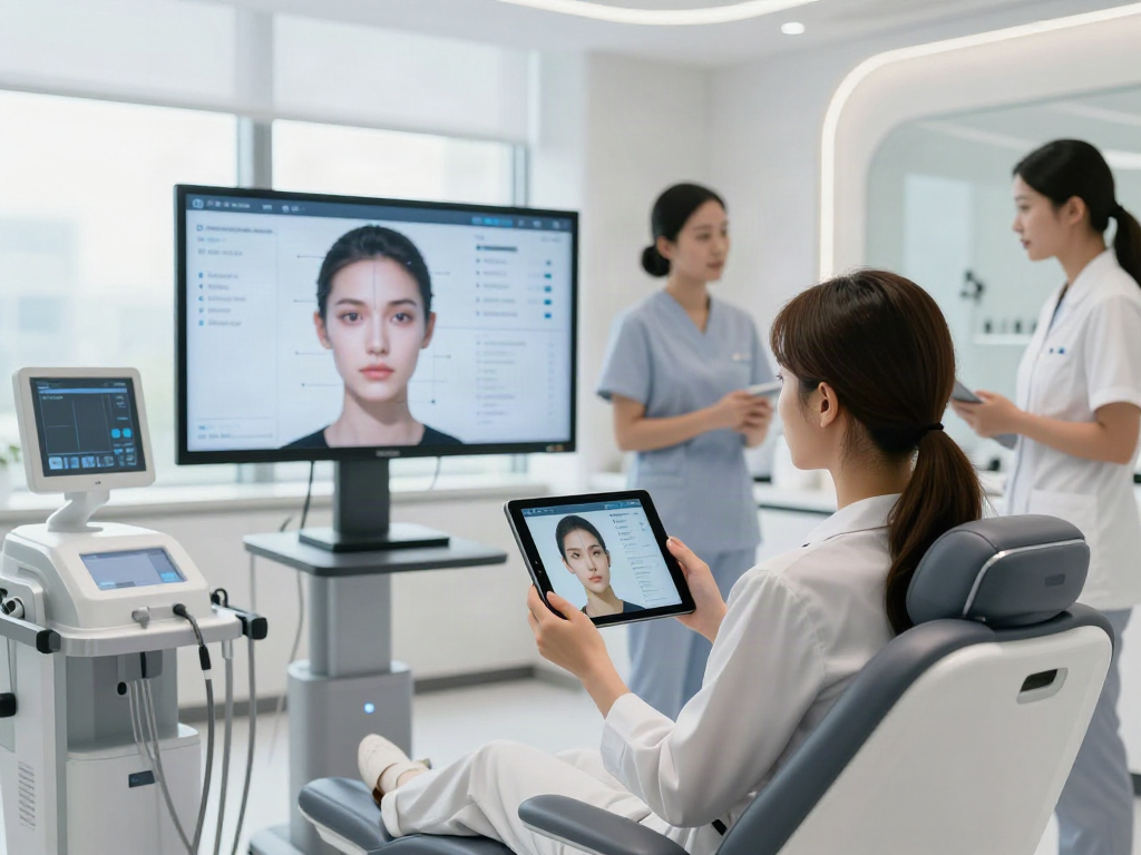 Face assessment scene showcasing ClinicEvo vs QOVES technology in a modern clinic with professional analysis and digital results.