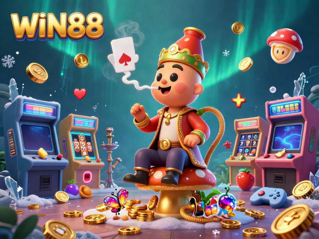 Experience WIN88's spectacular casino scene with a caterpillar hookah-master amidst vibrant slot symbols.