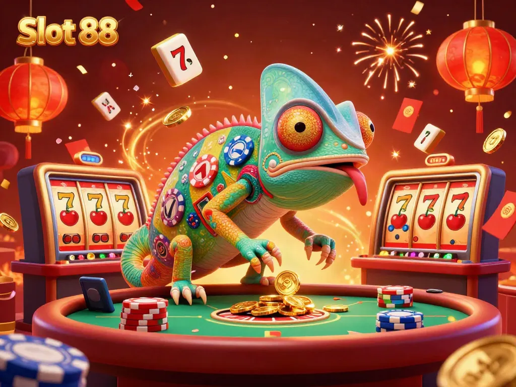 Experience Slot 88 with an illustrated chameleon owner capturing coins amidst jackpot slots.