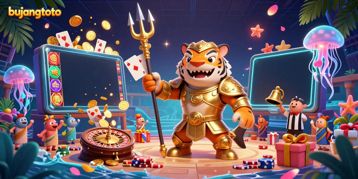 Bujangtoto showcases immersive gameplay with a vibrant underwater scene featuring a shark in armor and dynamic casino elements.