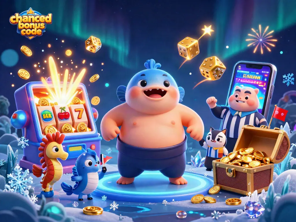 Spin and win with the chanced bonus code in this colorful casino scene featuring a playful blowfish.