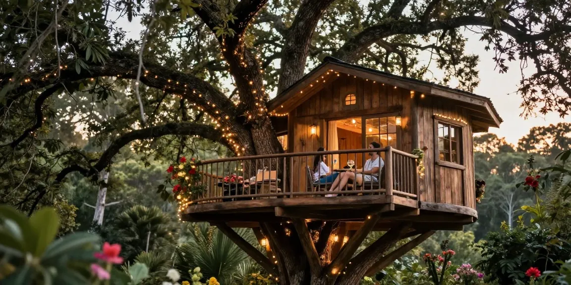 Romantic treehouses nestled in an enchanting forest, perfect for getaways.