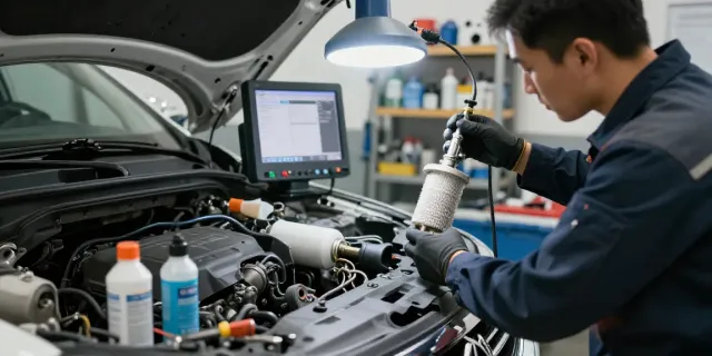 Mechanic executing dpf reinigen in automotive workshop with tools and equipment.