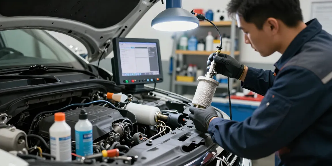 Mechanic executing dpf reinigen in automotive workshop with tools and equipment.