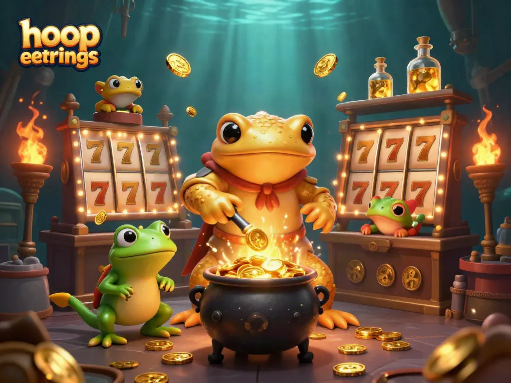 Experience the thrill of hoop earrings amidst a vibrant casino scene filled with slot reels and gold coins.