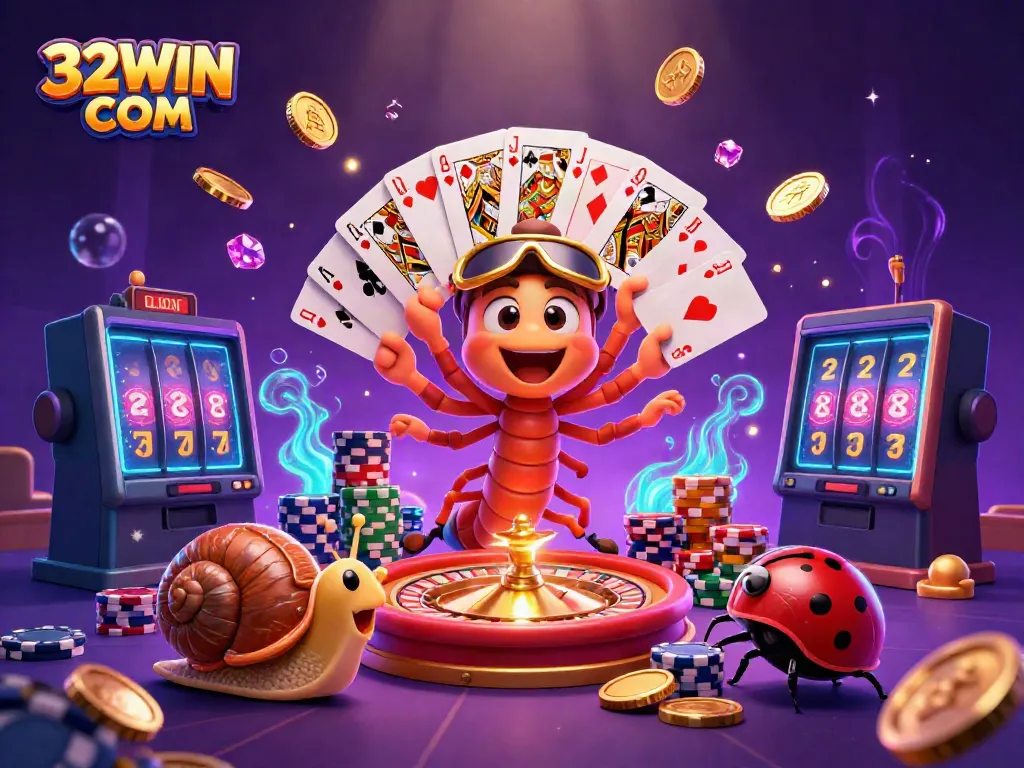 Experience the thrill of gaming at 32WIN COM with vibrant characters and dynamic casino elements.