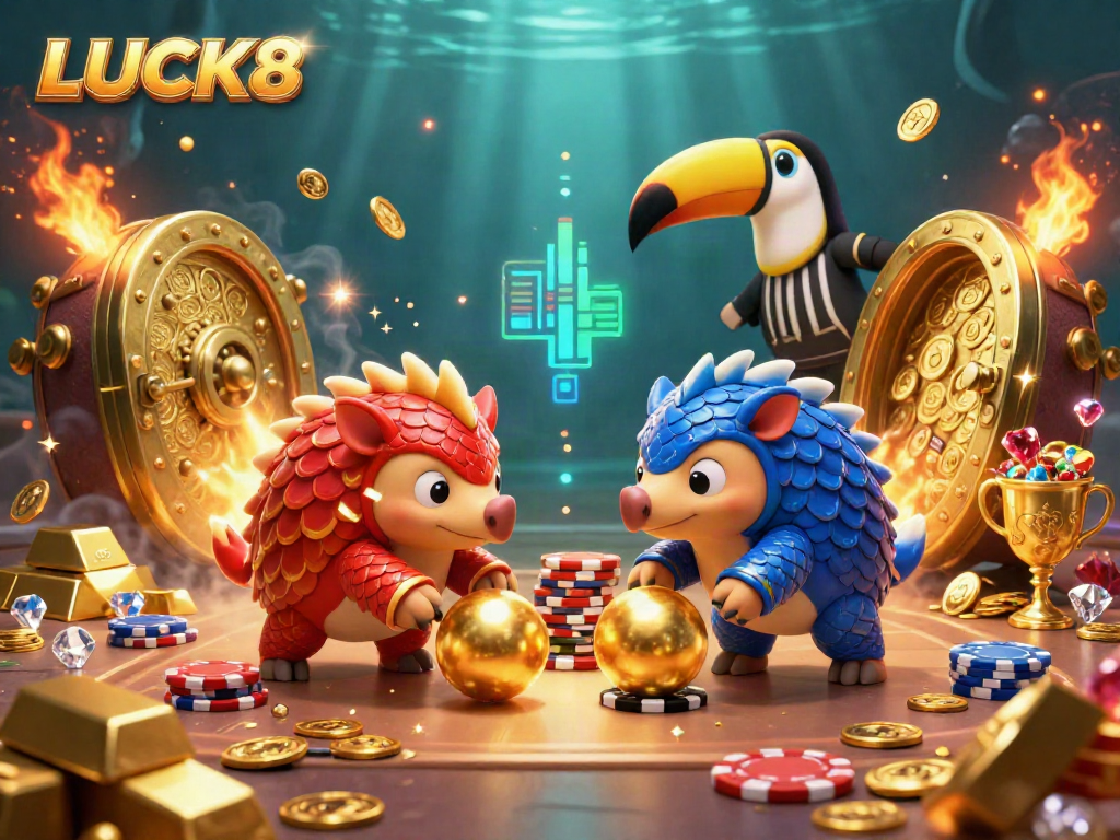 Engage with LUCK8 as rival pangolins roll into golden balls, bowling through poker chips in a vibrant casino scene.