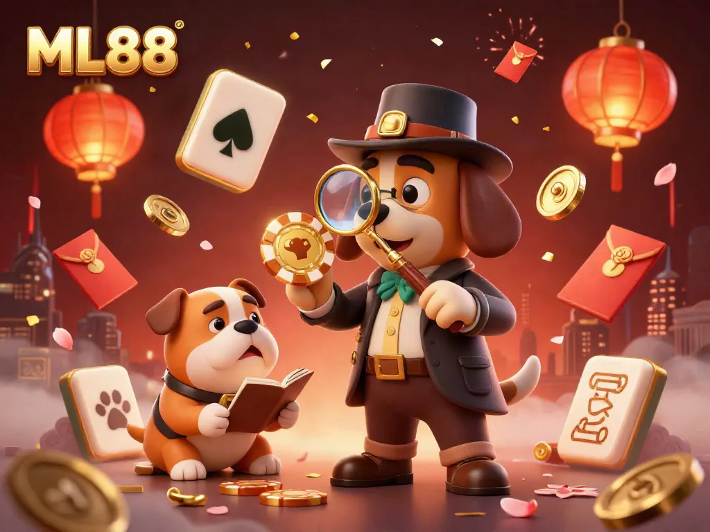 Join the adventure with ML88 as a detective dog and companion uncover treasures in a vibrant casino scene.