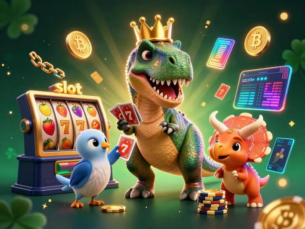 Slot menggoda dengan dinosaurus dan koin berkilau dalam permainan kasino yang menarik.