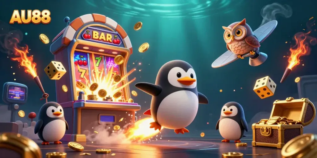 Experience thrilling gameplay at AU88 with vibrant interactive elements like slot machines and treasures.