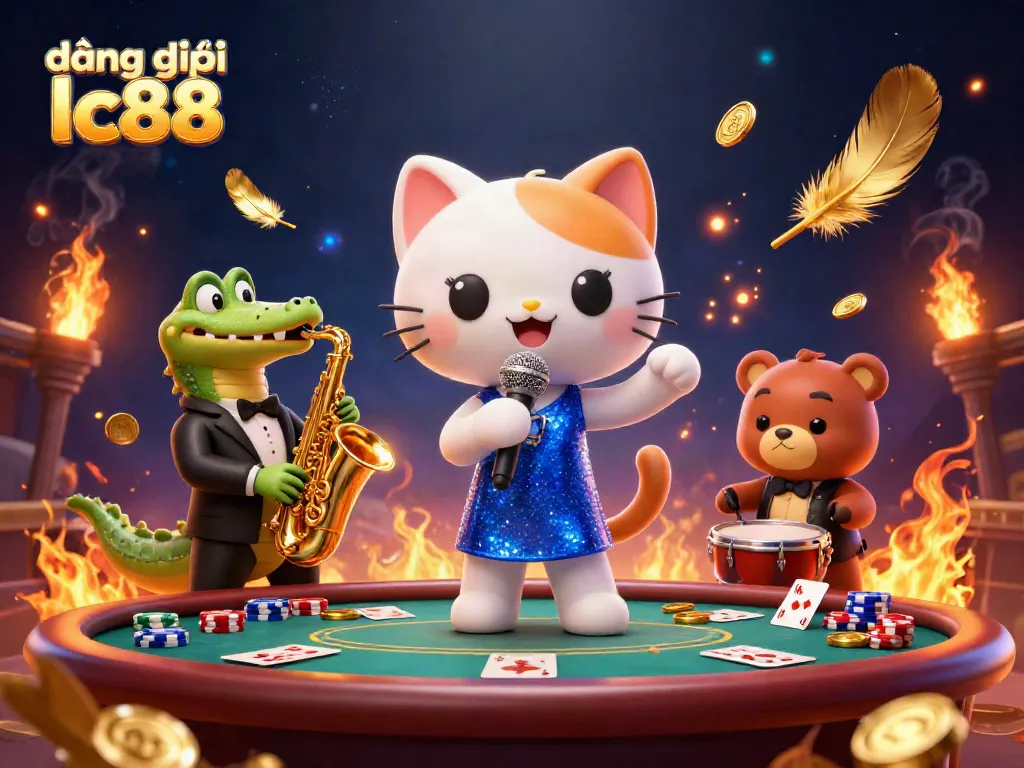 Engage with đăng ký lc88 at a vibrant casino scene featuring a jazz-singer cat, sax-playing crocodile, and drumming bear.