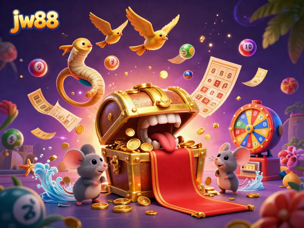 Engage with vibrant jw88 gaming excitement featuring a cartoon treasure chest luring adventurer mice amidst lottery balls and prizes.