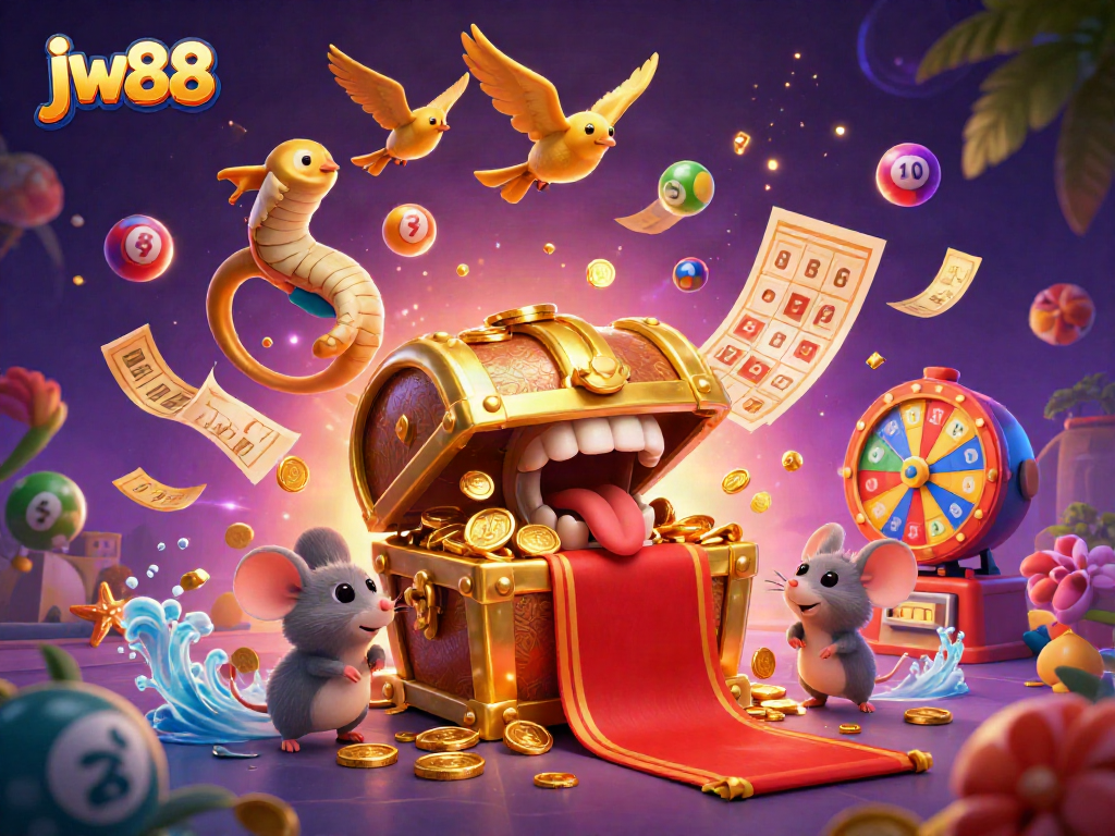 Engage with vibrant jw88 gaming excitement featuring a cartoon treasure chest luring adventurer mice amidst lottery balls and prizes.