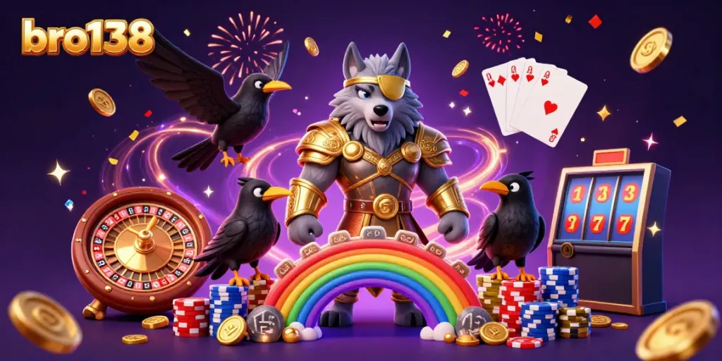 Engage with bro138's vibrant casino experience featuring mythological characters surrounded by golden treasures.