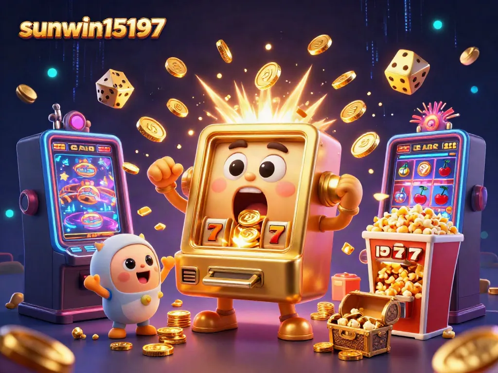Engage with the excitement of sunwin15197's animated jackpot celebration featuring cheerful slot machines.