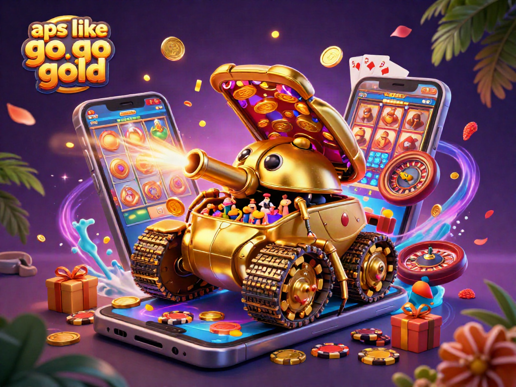 Play slots and earn coins with apps like go go gold in this vibrant casino-themed illustration.