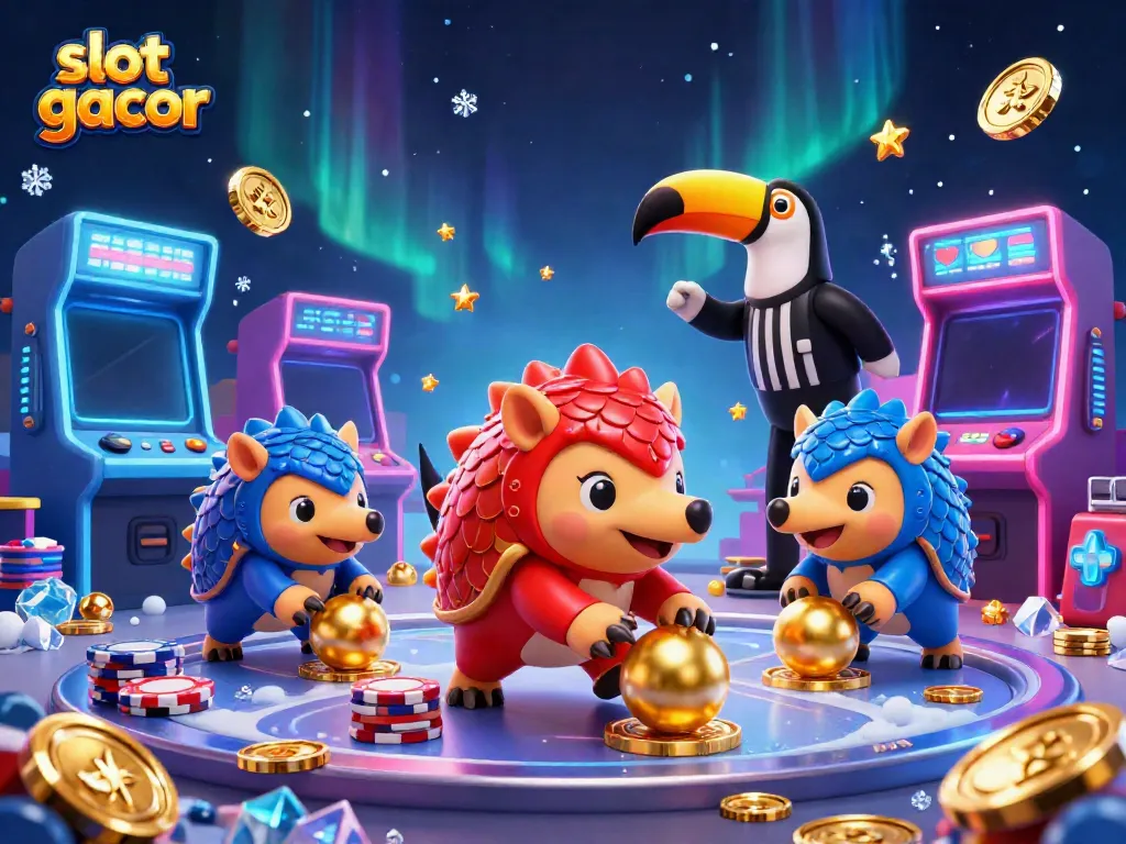 Menggulung bola emas dengan slot gacor, dua pangolin bertanding di tumpukan chip poker.