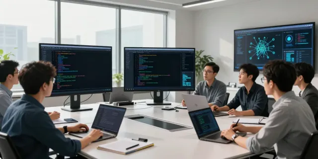 Team discussing what are AI tokens in a tech office with large screens and collaborative tools.