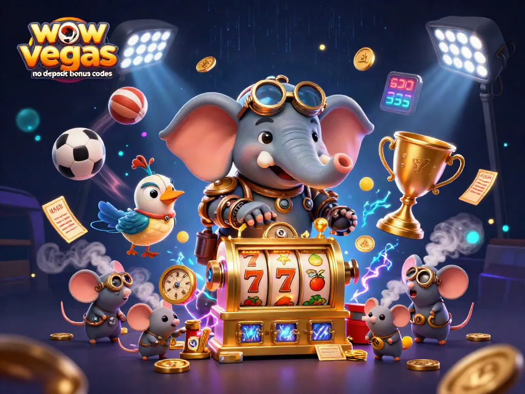 Engage with wow vegas no deposit bonus codes in a vibrant 3D illustration of a steampunk slot machine adventure.