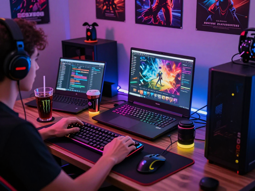 Gamer menggunakan bos88 link pada laptop di ruang bermain yang penuh aksesori warna-warni.