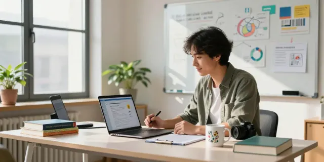AI content creation for online educators in a bright home office setting.