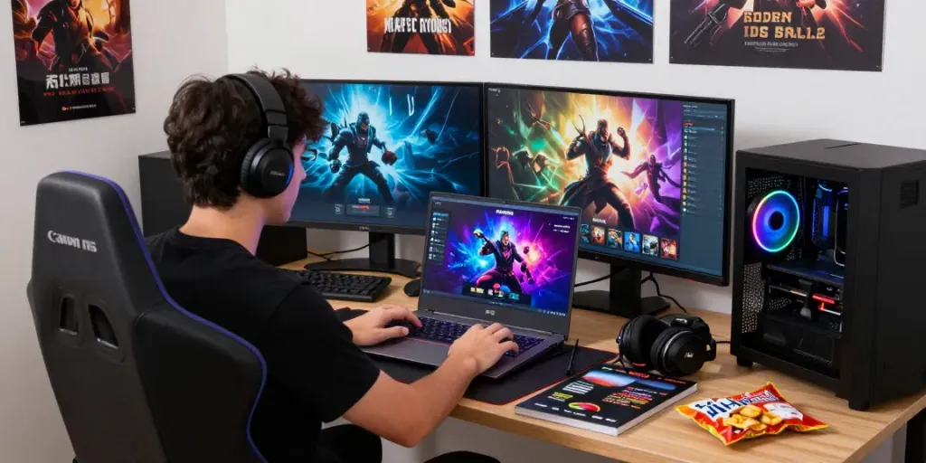 Player enjoying Bos88 gaming platform in a vibrant, modern setup