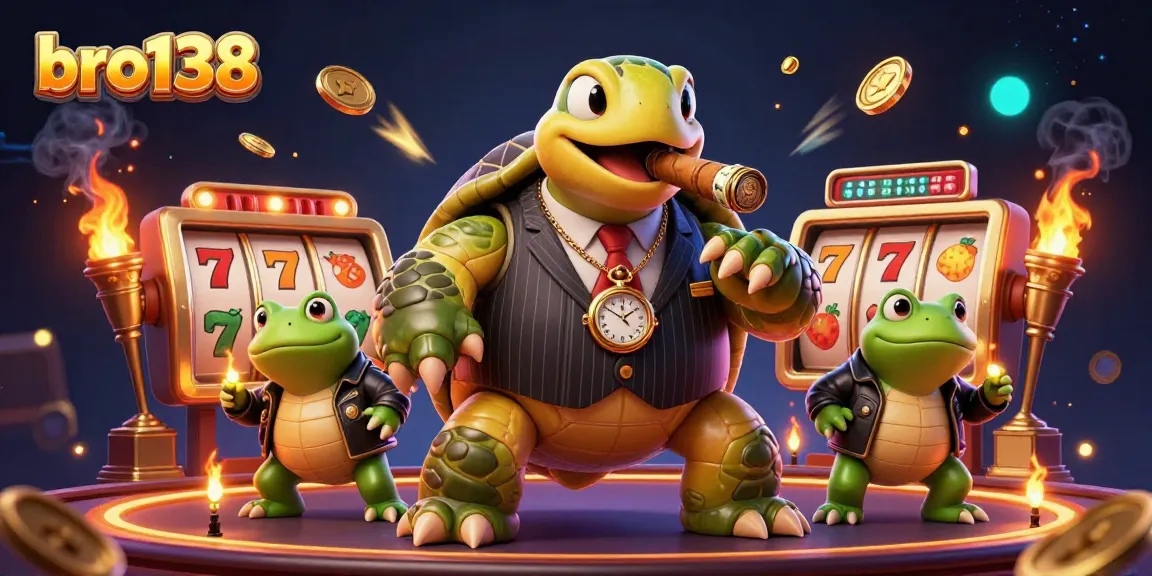 Experience the thrill of bro138 with a lively snapping turtle mobster and bullfrog enforcers amid dynamic slot winnings.