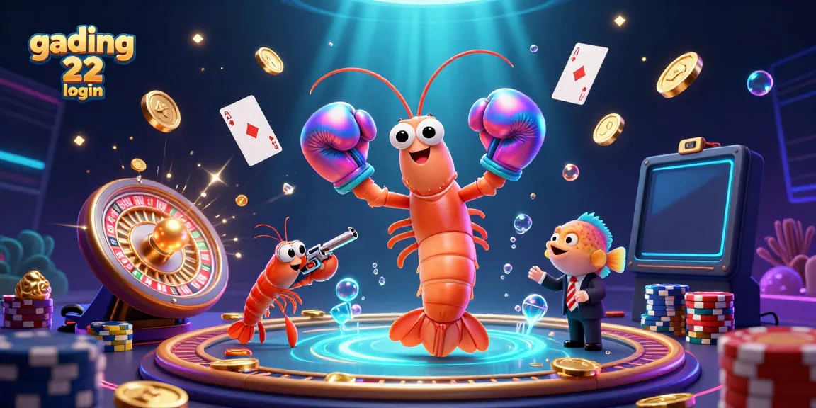 Engage with gading 22 login through a colorful casino scene featuring dynamic shrimp characters and vibrant game elements.
