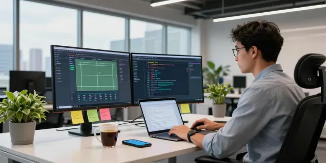 Tennis API for developers showcased in a vibrant workspace with live scores and dynamic analysis.