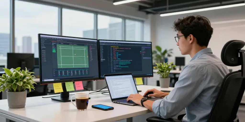 Tennis API for developers showcased in a vibrant workspace with live scores and dynamic analysis.