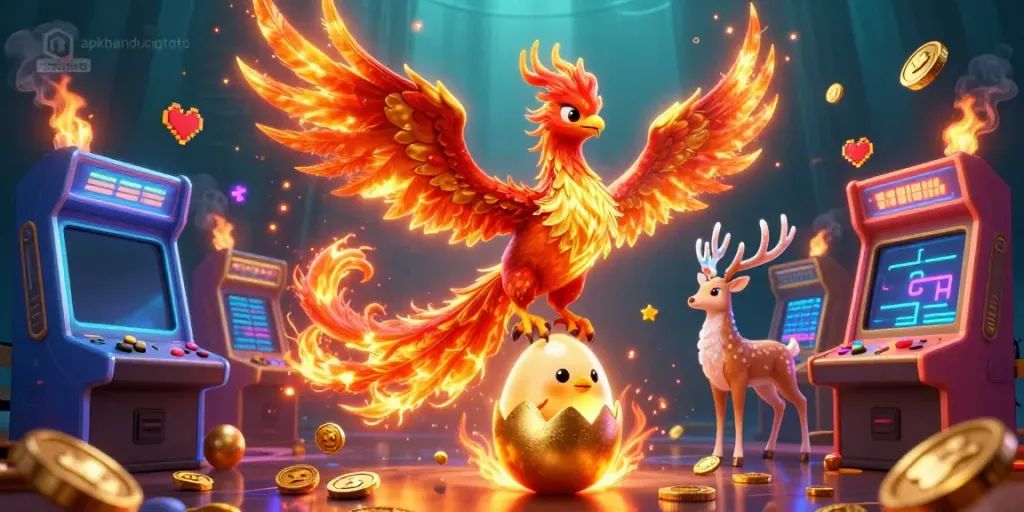 Experience thrilling action with apkbandungtoto featuring a fiery phoenix, baby chick, and mystic stag in a vibrant casino setting.