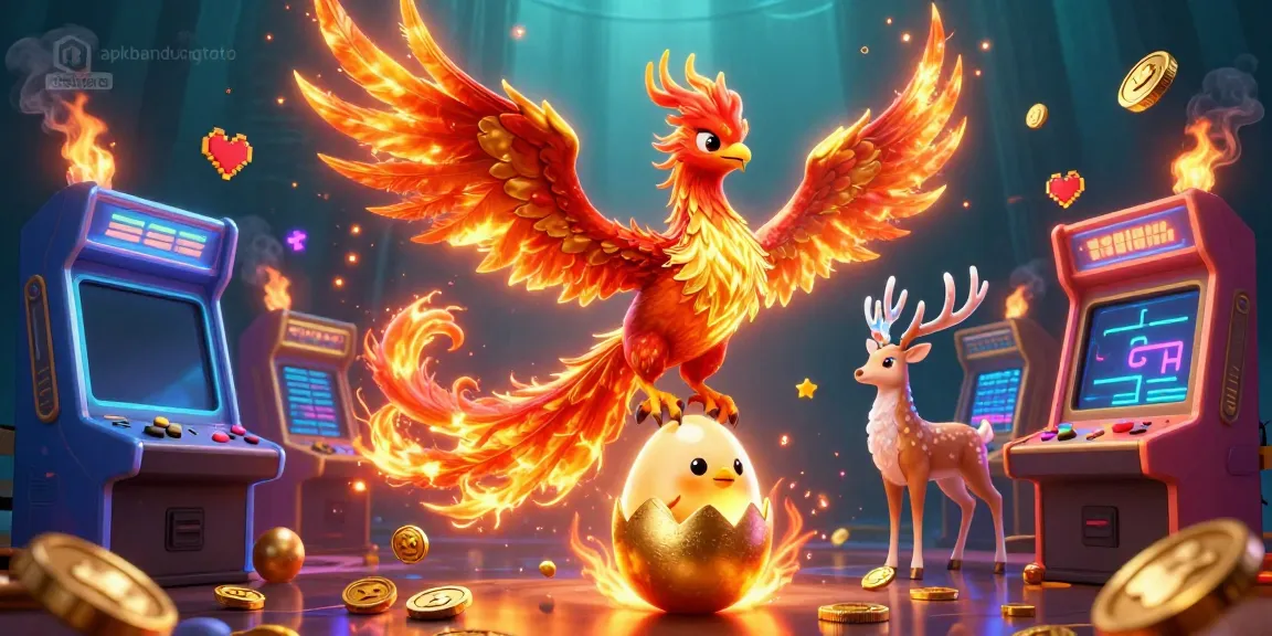 Experience thrilling action with apkbandungtoto featuring a fiery phoenix, baby chick, and mystic stag in a vibrant casino setting.