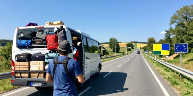 Перевозки из Молдовы в Люксембург, пассажиры в автобусе на фоне живописного пейзажа.