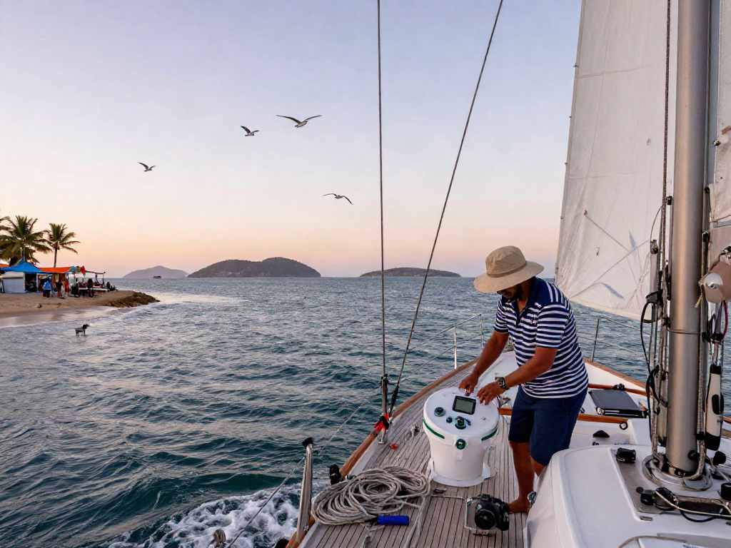 Sailor preparing for a day at sea with slot qris 5000 tools at a vibrant port.