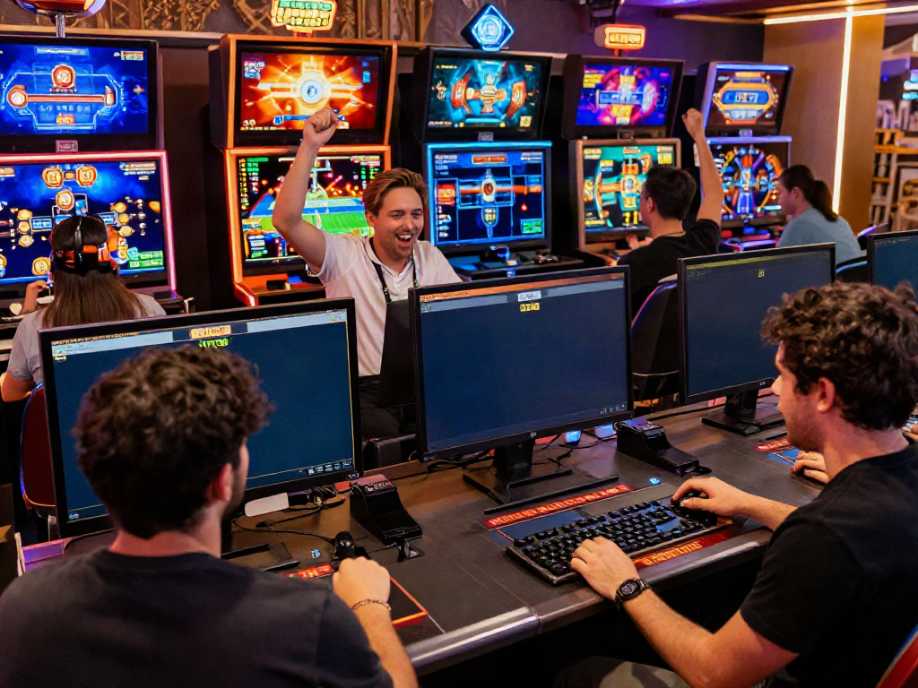Engaging online gaming session at situs hargatoto with diverse players celebrating wins in a vibrant atmosphere.