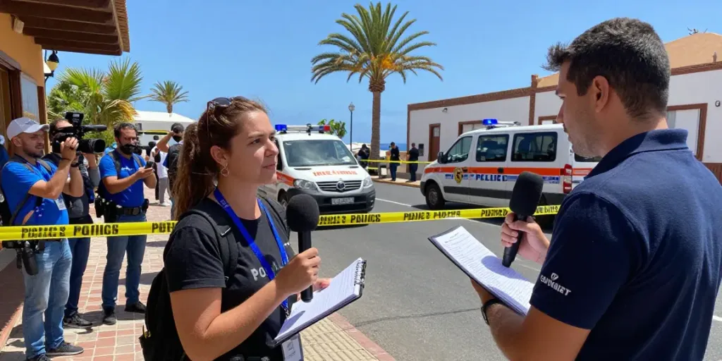 Tenerife news coverage of armed assault incident at local venue, capturing journalist and emergency response scene.
