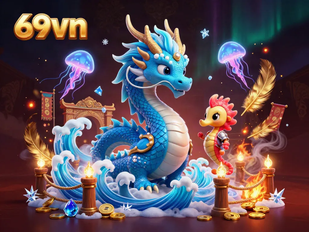 Engage with the magical world of 69vn, featuring a dragon and jellyfish in an enchanting gaming arena.