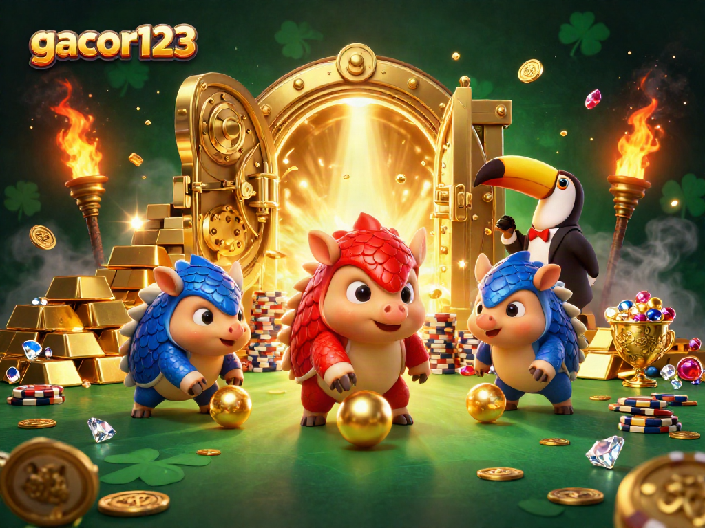 Engage in thrilling gaming at gacor123 with lively pangolins rolling golden balls through poker chips.