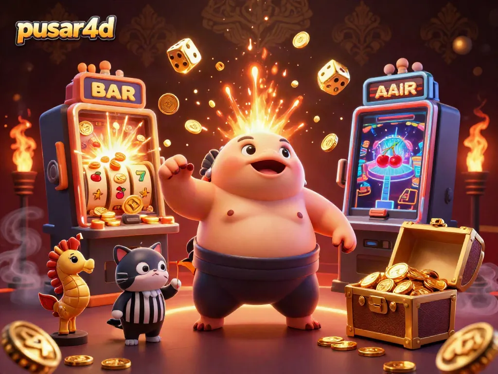 Engage with pusar4d's thrilling underwater casino scene featuring dynamic slot machines and festive characters.