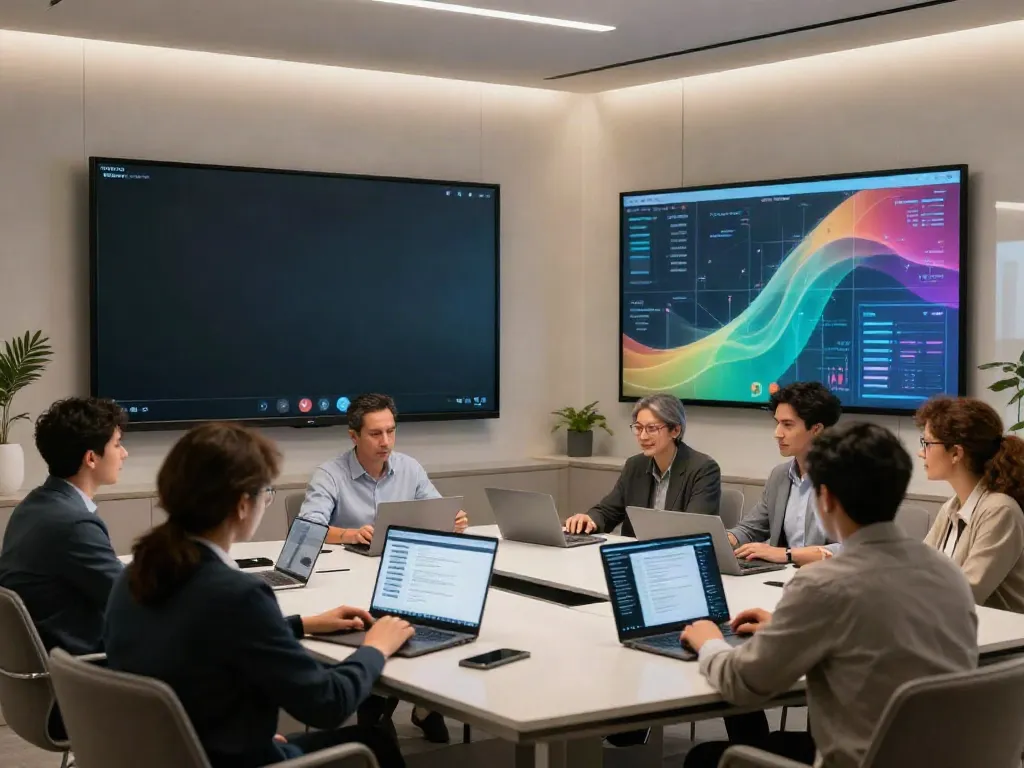 Deepfake protected Conferencing in a modern meeting room with diverse professionals collaborating over secure video calls.