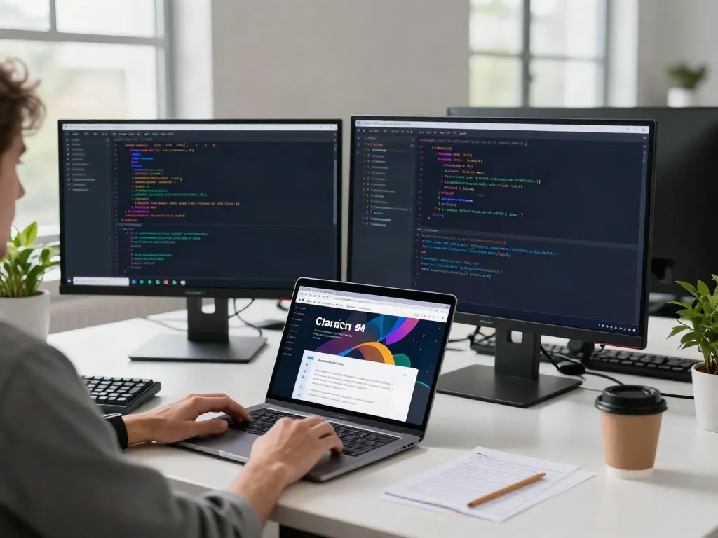 Developer coding in Brave浏览器 at a bright tech workspace with dual monitors and modern decor.