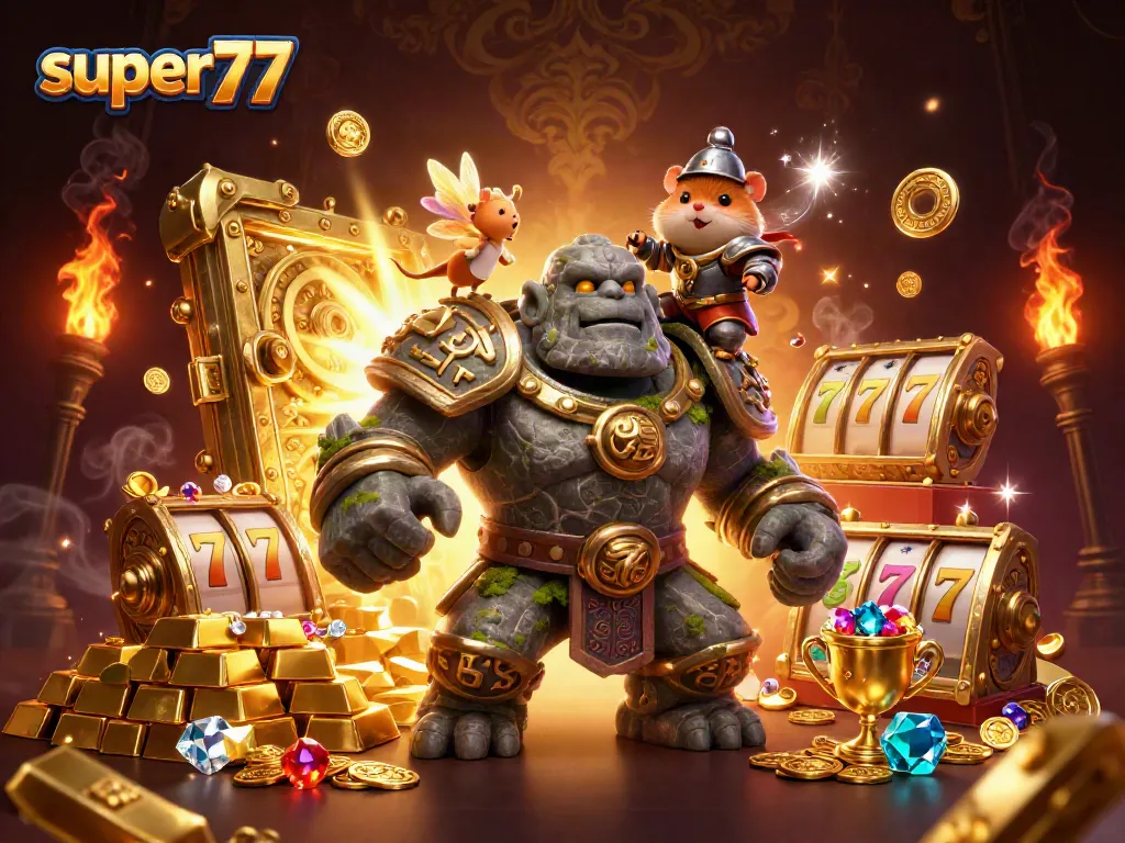 Experience thrilling slot adventures with Super77's magical golem guardian and lucky charms.