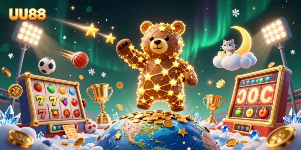 UU88 promotes exciting jackpot wins with a golden star bear and thrilling slot elements.