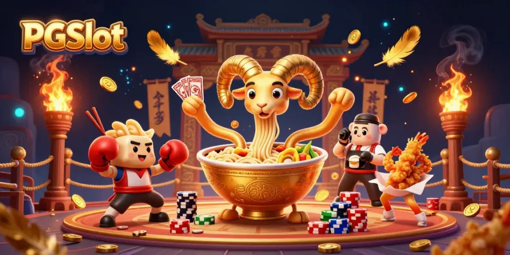 Experience PGSlot excitement with giant ramen bowl dealers and dynamic casino elements.
