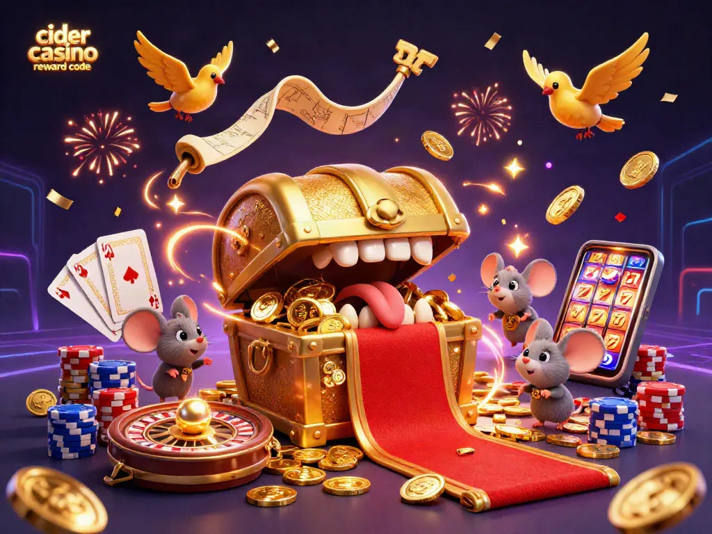 Win big with cider casino reward code in a vibrant 3D casino scene filled with coins and games.
