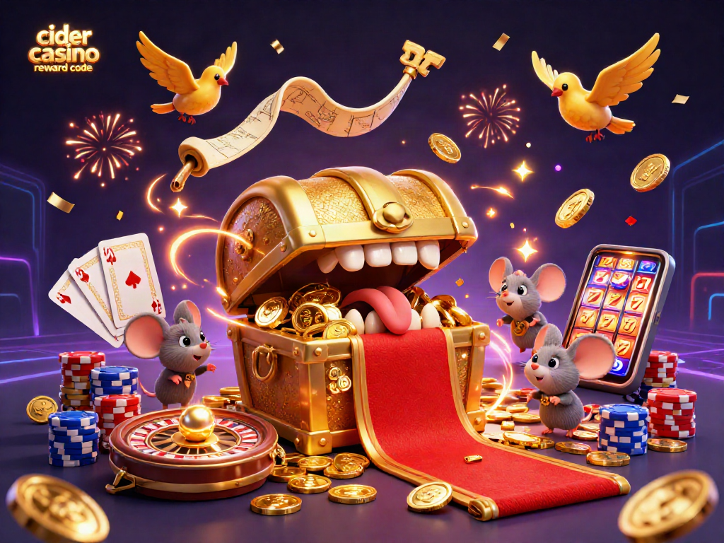 Win big with cider casino reward code in a vibrant 3D casino scene filled with coins and games.