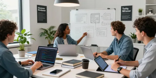 Collaboration in a modern workspace during mvp development service, showcasing a diverse team engaged in creative brainstorming and coding.