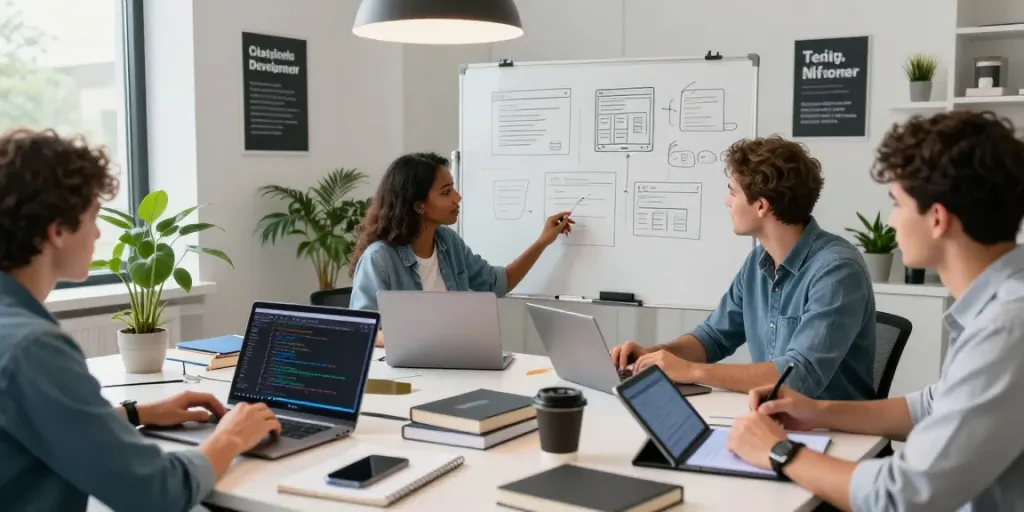 Collaboration in a modern workspace during mvp development service, showcasing a diverse team engaged in creative brainstorming and coding.