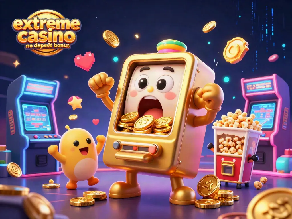 Experience the excitement of extreme casino no deposit bonus with a vibrant 3D illustration of a winning slot machine.